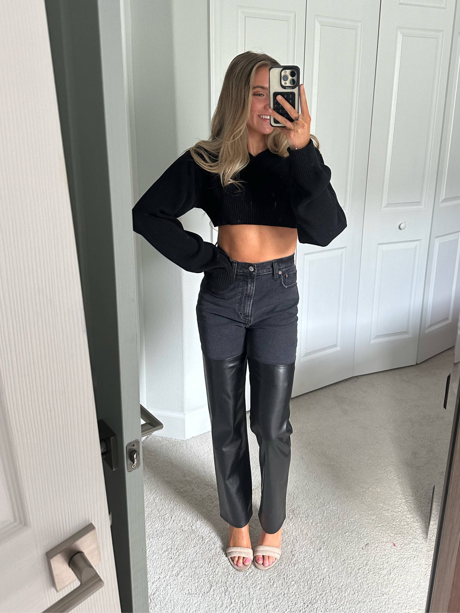 CocoLilly’s black cropped sweater. @cocolillys Abercrombie and fitch. A&F. @abercrombie. Mixed fabric ultra high-rise 90s straight jean. Denim. High waisted jeans. Leather pants. Black denim. Fall fashion. Winter fashion. Trendy. 

#LTKsalealert #LTKfindsunder100 #LTKstyletip