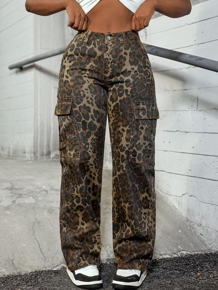 SHEIN Slayr Women's Casual Cargo Pocket Camo Low Waist Straight Leg Jeans | SHEIN