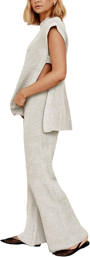 Lviefent Womens 2 Piece Outfits Sweater Set Sleeveless Side Slit Pullover Top Knit Wide Leg Pants... | Amazon (US)