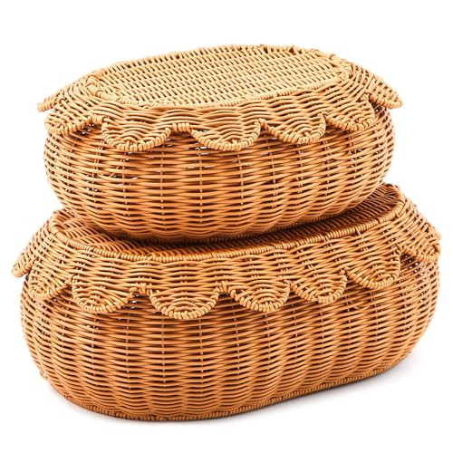 Juexica 2 Pcs Hand Woven Rattan Basket Scalloped Basket Wicker Storage Basket Decorative Basket with Lid for Organizing Food Bread Picnic Table Bathroom Decor, Dark Brown | Amazon (US)