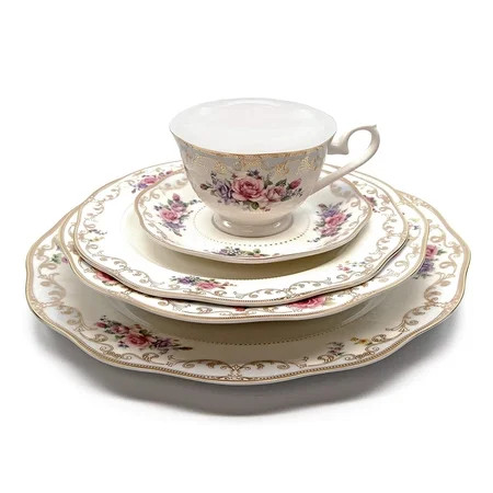 Royalty Porcelain 20-pc ""Ruby Rose"" Dinnerware Set, 24K Gold Premium Bone China | Walmart (US)