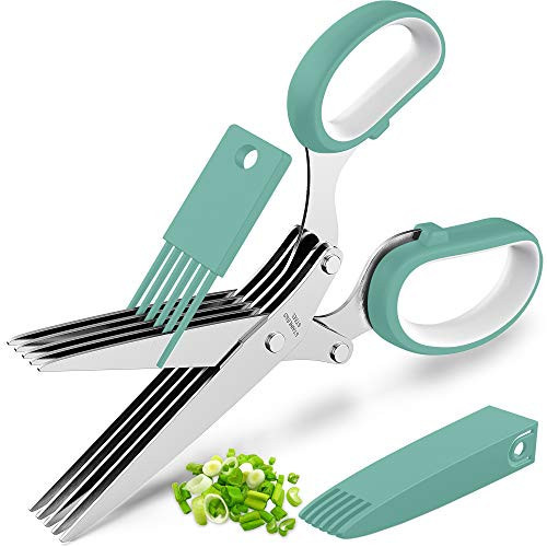 Updated 2025 Herb Scissors Set - Cool Kitchen Gadgets for Cutting Fresh Garden Herbs - Herb Cutter Shears with 5 Blades and Cover, Sharp and Anti-rust Stainless Steel, Dishwasher Safe (Blue-White) | Amazon (US)