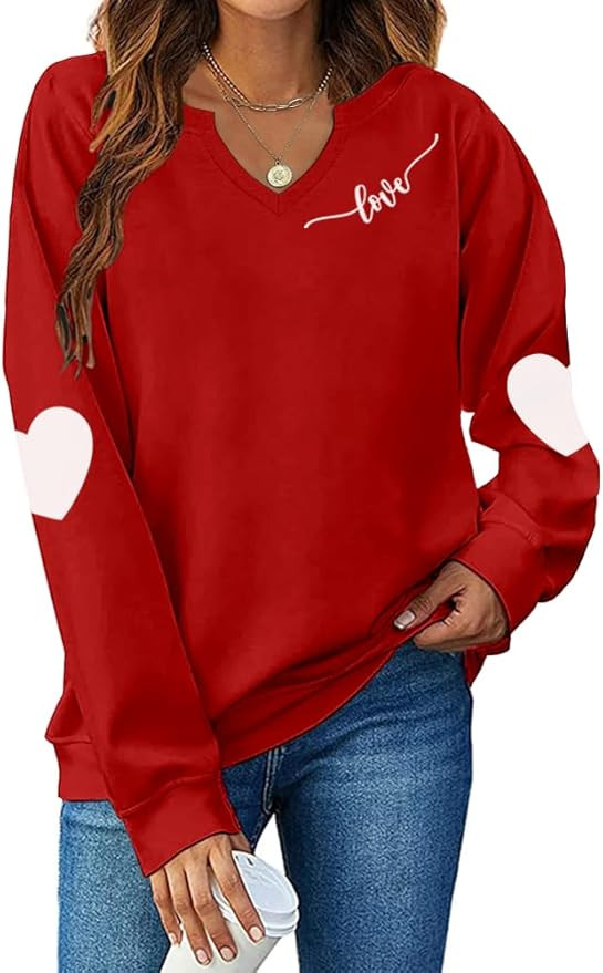 Ymoshoe Women V-Neck Valentine Sweatshirt Love Heart Elbow Patch Shirts Gift for Her | Amazon (US)