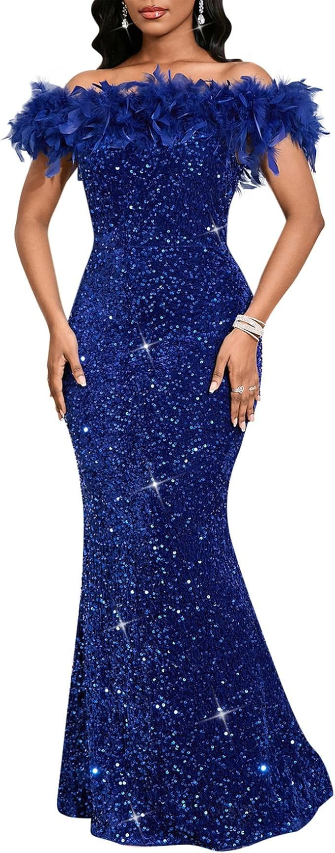 Cololura Women Elegant Sexy Sequin Off Shoulder Mermaid Bodycon Cocktail Evening Party Maxi Dress | Amazon (US)