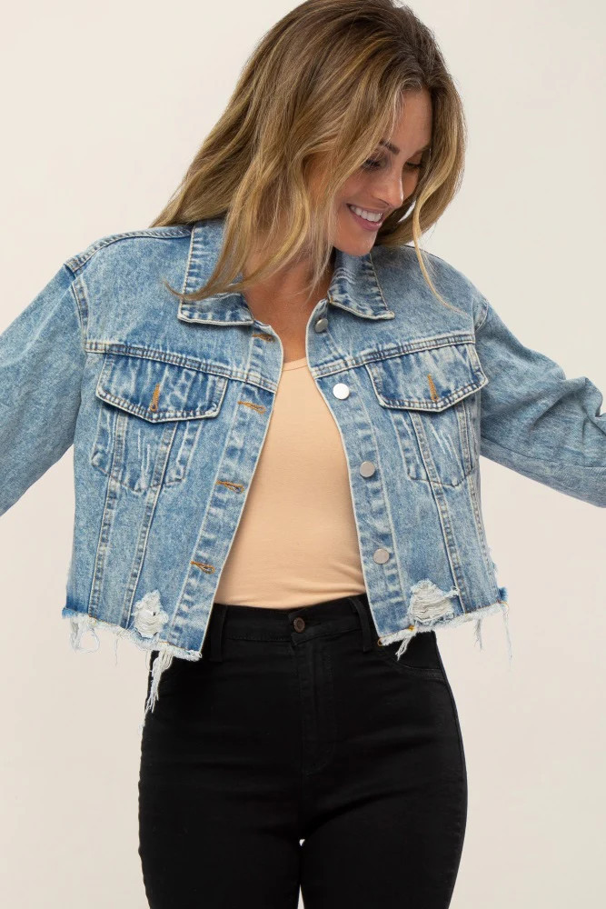 Light Blue Distressed Cropped Denim Jacket | PinkBlush Maternity