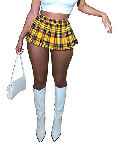 Mini Pleated Skirts for Women Sexy Womens Cute Mini Skirt with Slit Short Cargo Skirt Girl Y2k Skater A-line Pleated Skirt (New Yellow Plaid M) | Amazon (US)