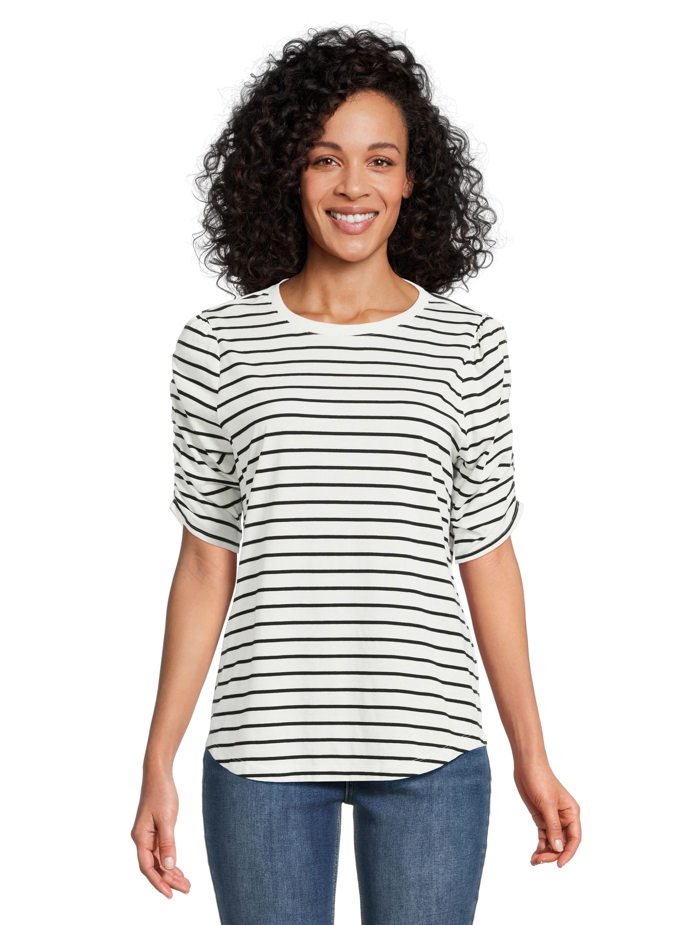 Time and Tru Women's Top with Short Ruched Sleeves, Sizes S-XXXL - Walmart.com | Walmart (US)