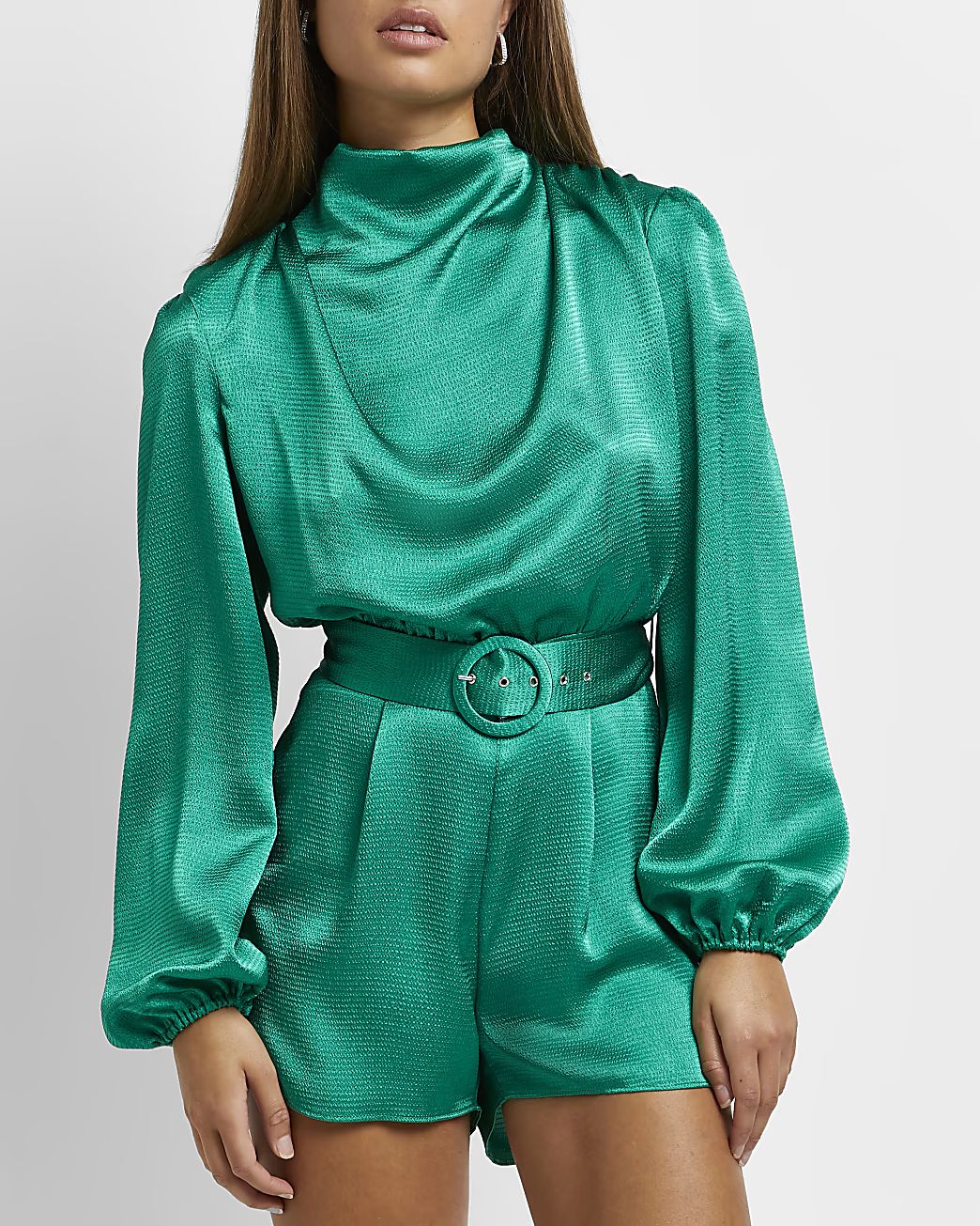 Green cowl neck belted satin playsuit | River Island (UK & IE)