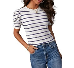 Dokotoo Women's Short Puff Sleeve Knit Tops 2024 Trendy Crewneck Striped T Shirts Casual Summer B... | Amazon (US)