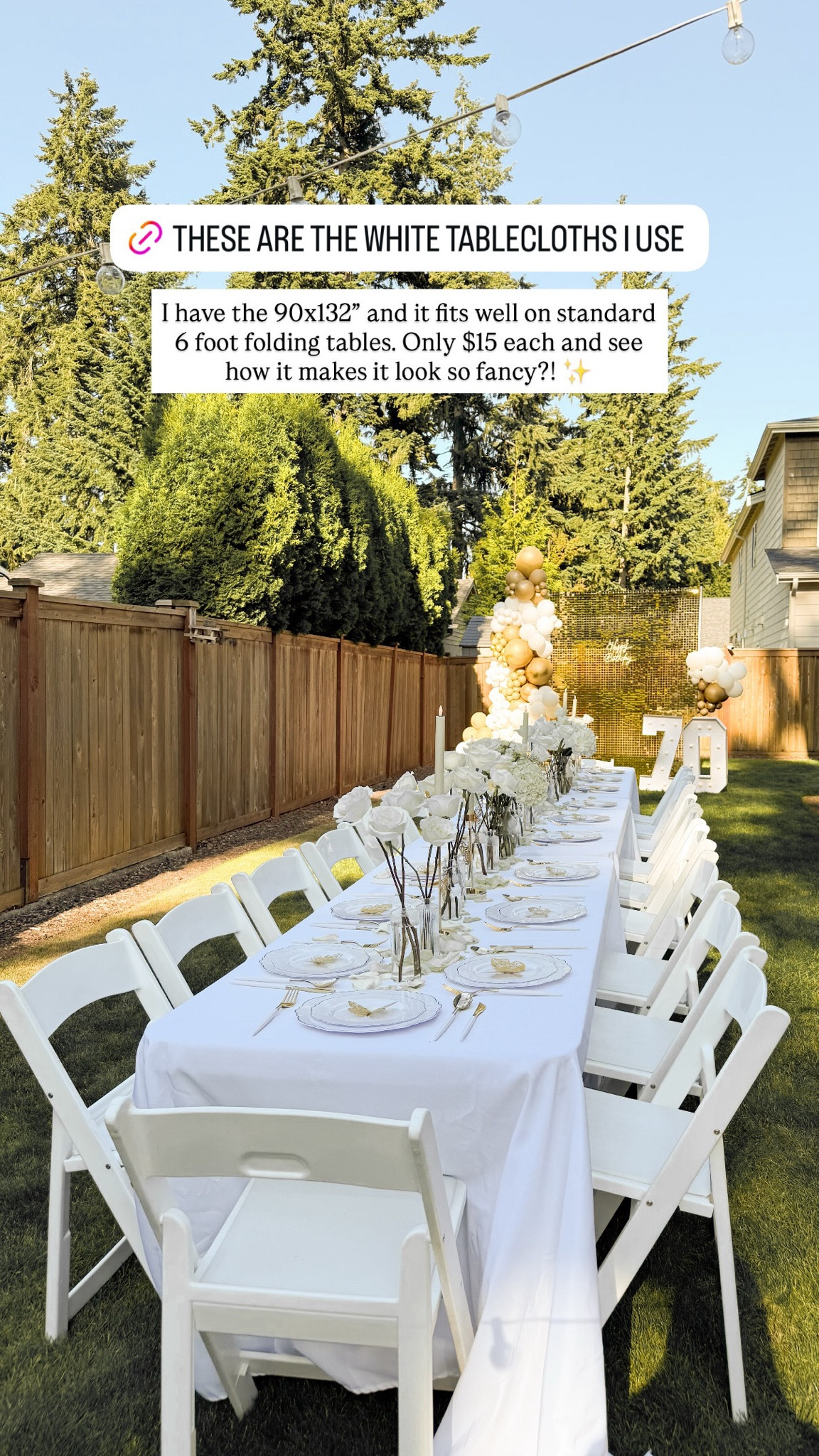 THESE ARE THE WHITE TABLECLOTHS I USE! 
I have the 90x132" and it fits well on standard 6 foot folding tables. Only $15 each and see how it makes it look so fancy?!

Butterfly Decorations, Gold Plastic Silverware, Gold Plastic Plates, Happy 70th Birthday Decorations, Glass Bud Vases Set of 24, chairs, Light Up Numbers, Light Gold Sequins Backdrop Shimmer Wall Backdrop, artificial flowers, candle holders, balloon arch kit, display cube, Happy Birthday Neon Sign for Wall Decor

#LTKFindsUnder50 #LTKParties #LTKHome