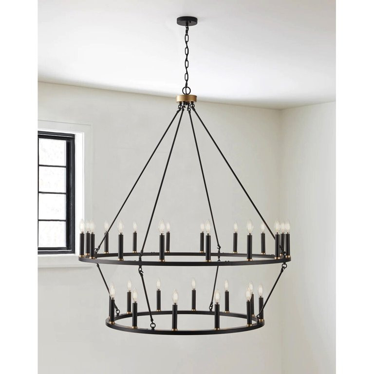 Black Industrial 28-Light Wagon Wheel 2-Tier Candle Style Chandelier | Walmart (US)