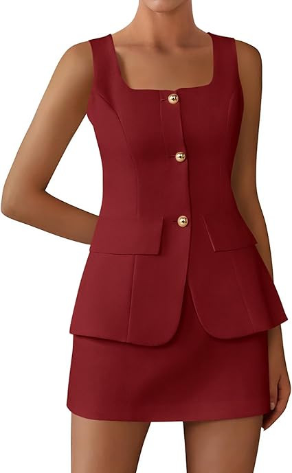 BTFBM 2 Piece Sets For Women Summer 2026 Spring Sleeveless Button Up Blazer Vest Tops Skirt Sets ... | Amazon (US)