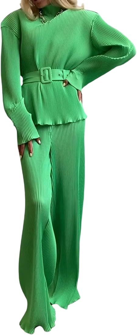 Women Pleated Two Piece Pants Set Print Long Sleeve Button Down Shirt and Pants Oversized Fashion... | Amazon (US)