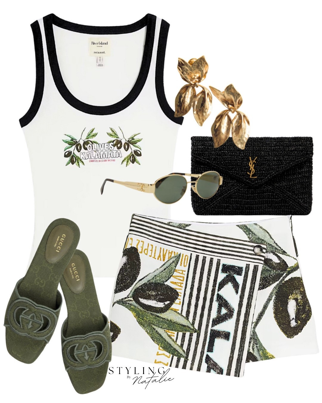 Summer outfit-
Skort and top co-ord set, olive green Gucci slides, graphic print vest top and matching olive print skirt, Saint Laurent raffia clutch and gold leaf earrings.
Holiday outfit, vacation look, casual chic, high street style 

#LTKsummer #LTKstyletip #LTKuk