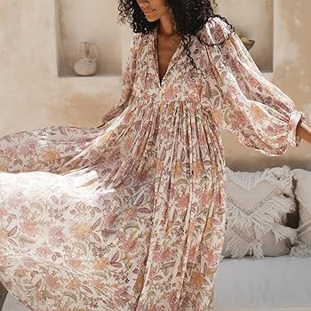 Women Floral Maxi Dress Boho Printed 3/4 Lantern Sleeve V Neck Maternity Dress Beach Loose Sundre... | Amazon (US)