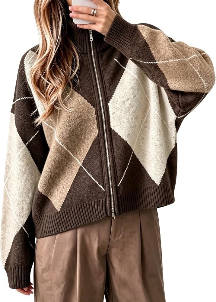 Women Argyle Zip Up Cardigan Sweater Stand Collar Plaid Knit Jacket | Amazon (US)