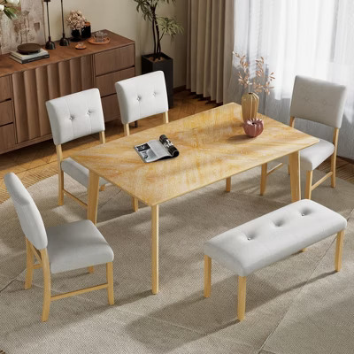 6 Piece Wood Dining Room Table Set, Dining Room Rectangular Table with 4 Upholstered Chairs and Bench, Natural Wood Wash | Target