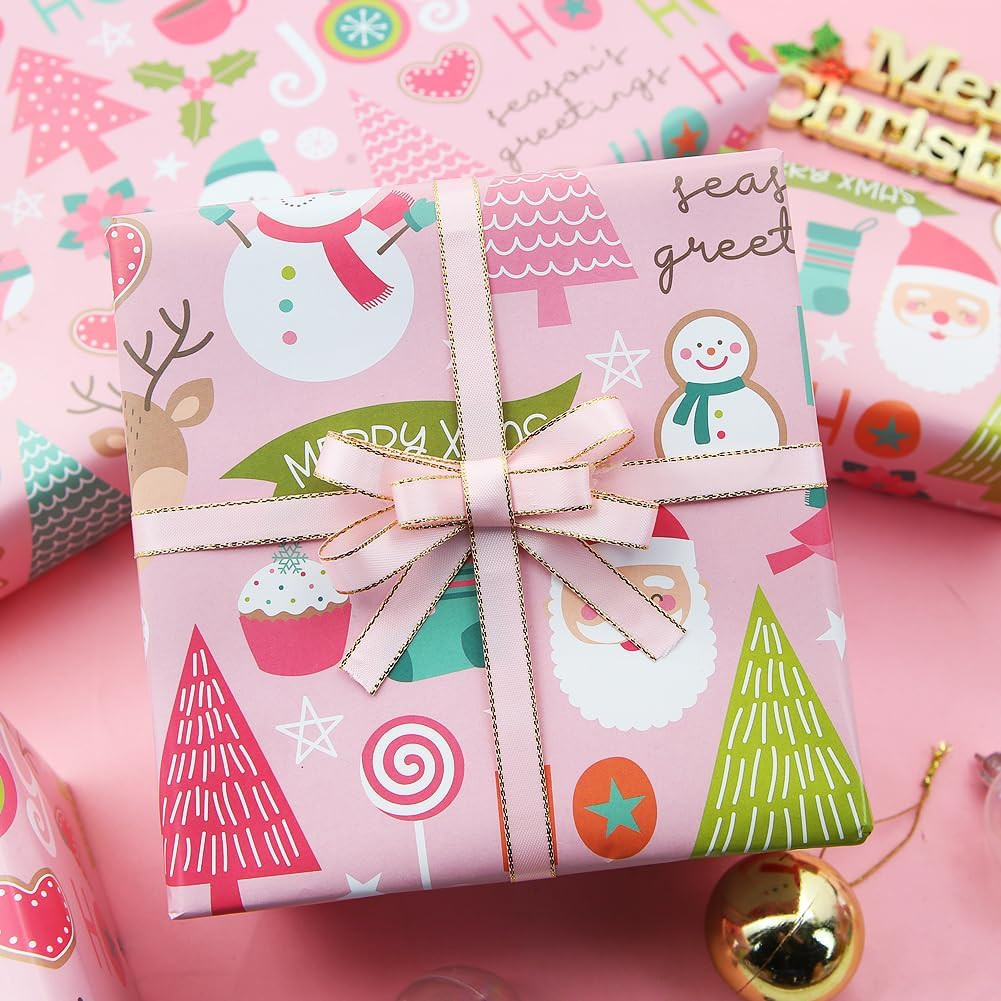 Vintage Baby Pink Merry Christmas Xmas Wrapping Paper 6 Sheets With Matched Pink Color Ribbon Fol... | Amazon (US)