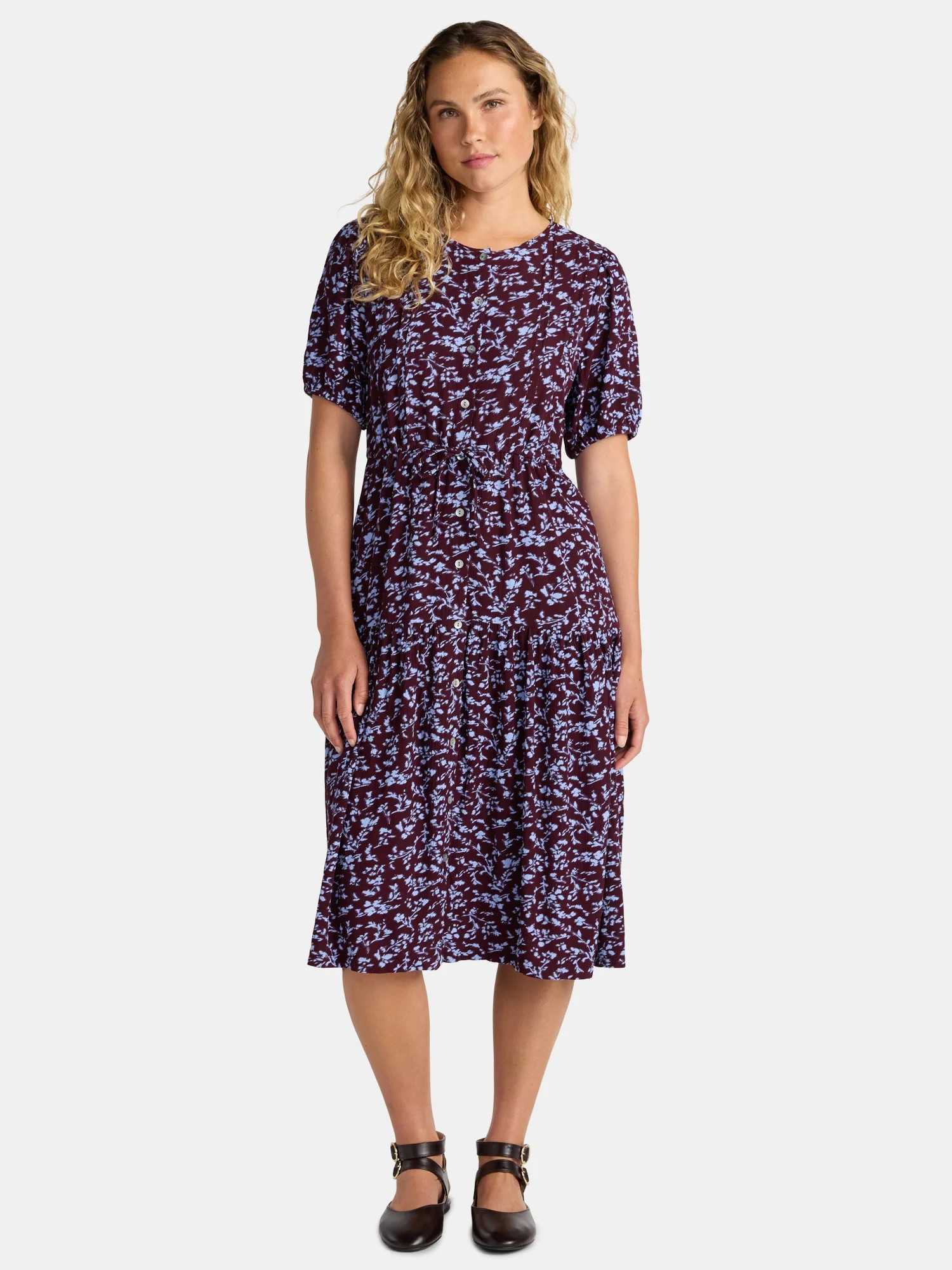 Time and Tru Women's Midi Shirtdress with Short Sleeves, Sizes XS-XXXL | Walmart (US)