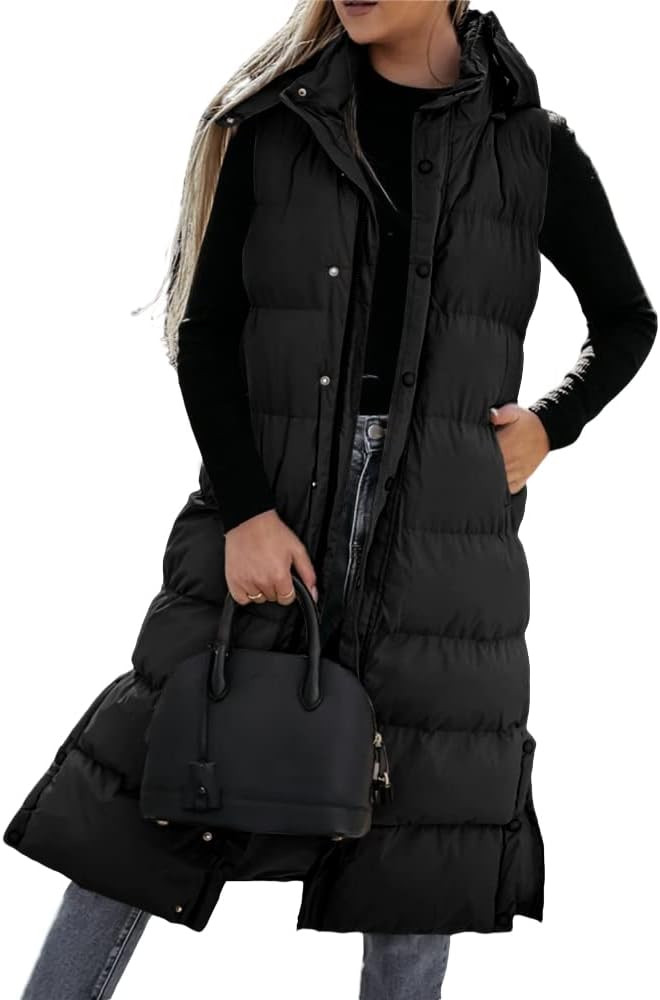 Womens Long Puffer Vest Hooded Sleeveless Winter Coats Quilted Warm Zip Up Padded Outerwear | Amazon (US)