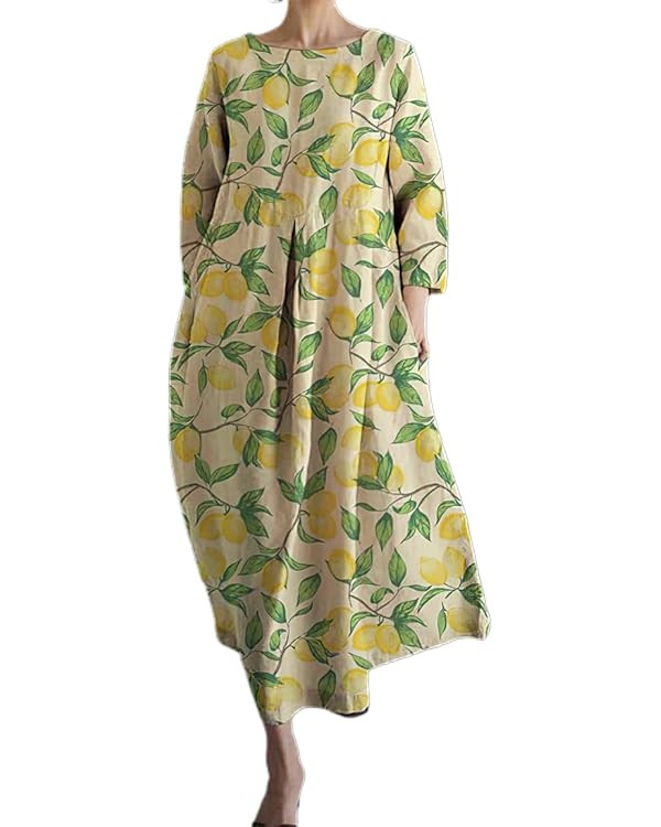 Akivide Women's Flowy Oversized Baggy Boho Floral Print Crewneck Long Sleeve Cotton Maxi Dress Lo... | Amazon (US)