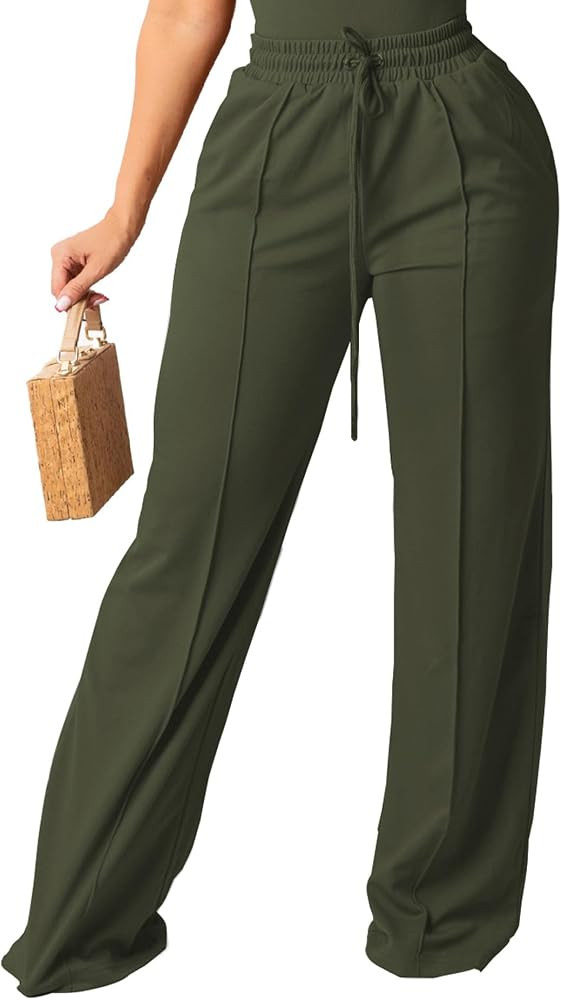 PINSV Women's Casual Wide Leg Pants High Waisted Drawstring Baggy Sweatpants Elastic Straight Leg... | Amazon (US)