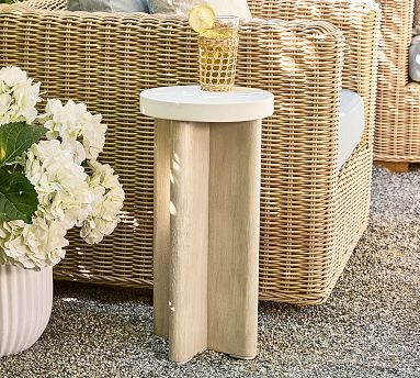 Cayman Concrete & Eucalyptus Round Outdoor Accent Table (11") | Pottery Barn (US)