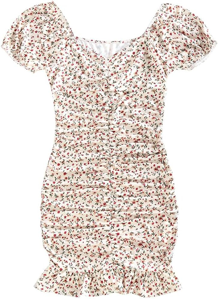 ZAFUL Women's Ditsy Print Puff Sleeve Ruched Mini Mermaid Dress Daisy Floral Off Shoulder Frilled... | Amazon (US)
