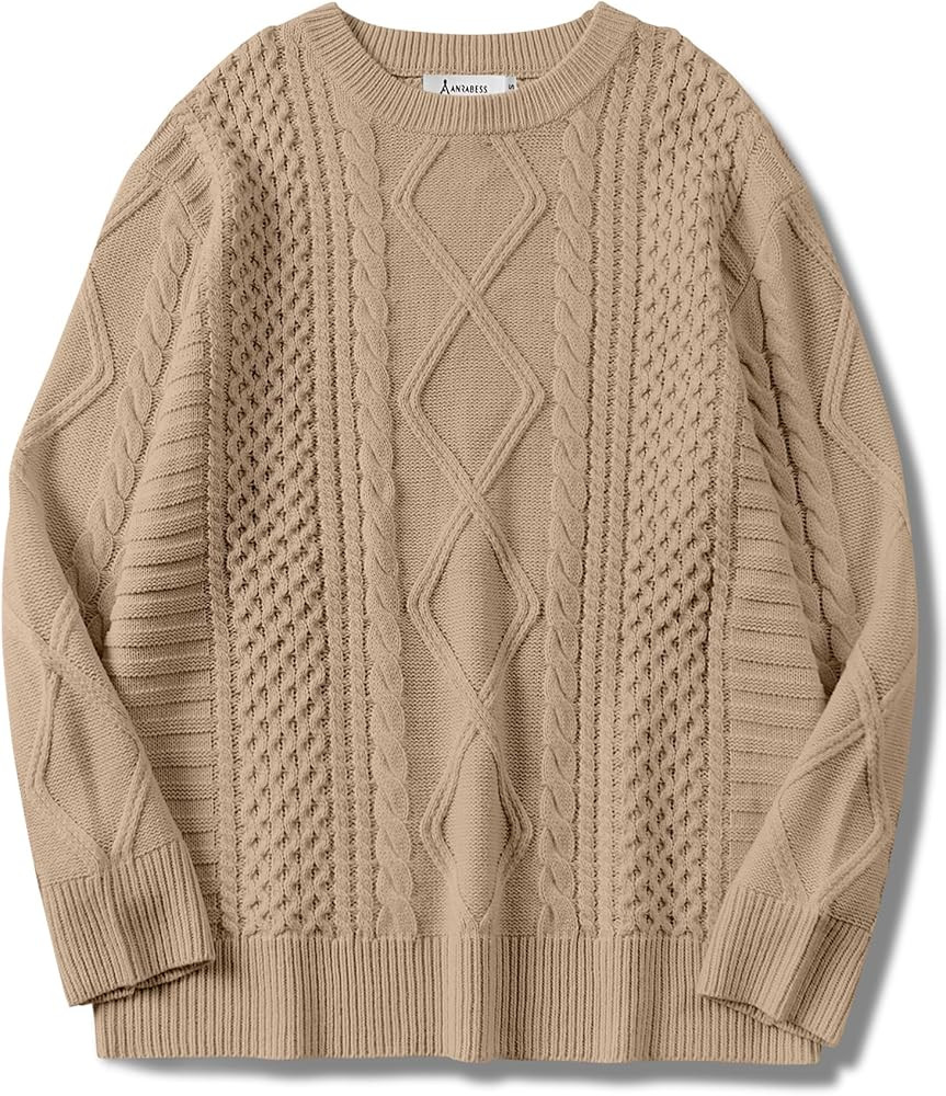ANRABESS Sweaters for Women Oversized Crewneck Long Sleeve Casual Loose Cable Knit Pullover Tops ... | Amazon (US)