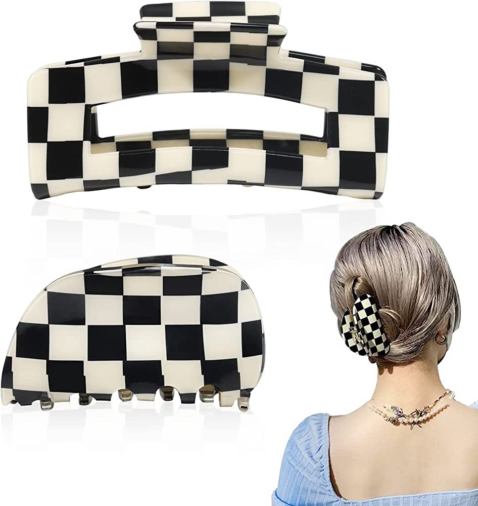 Checkered Hair Claw Clips, Vintage Classic Black White Lattice Print Barrettes, Strong Hold Clamp... | Amazon (US)