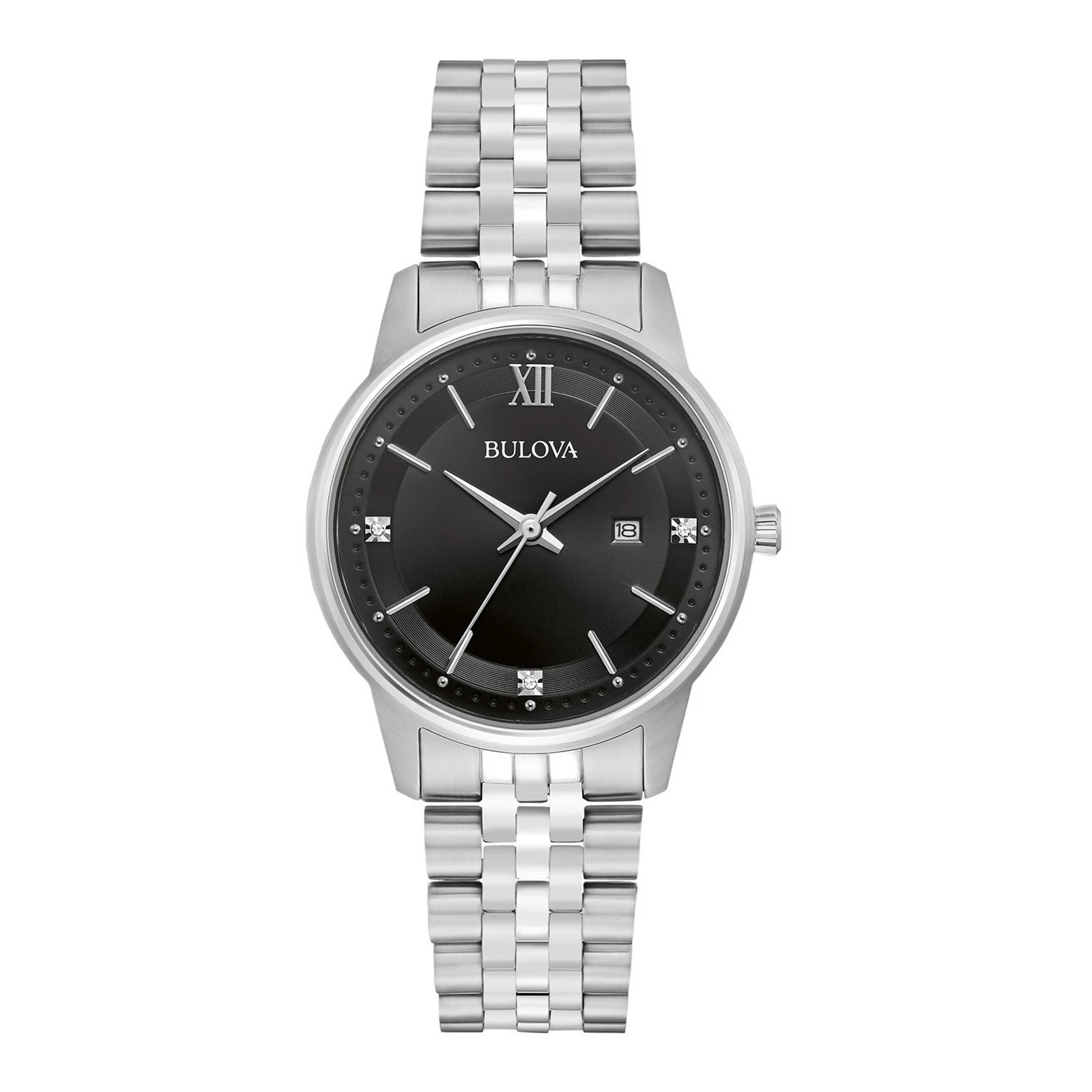 Bulova Women's Classic Stainless Steel Black Diamond Accent Watch - 96P226, Size: 32 mm, Silver | Kohl's