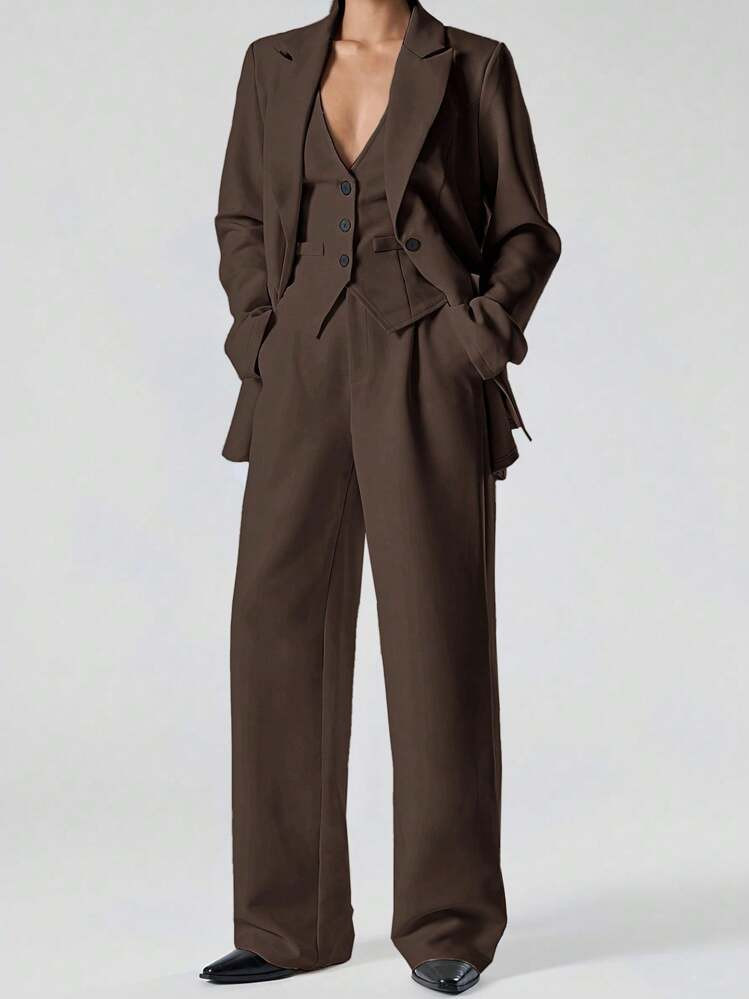 LYSMO 3pcs/Set Women's Brown Cut-Out Collar Long Sleeve Casual Blazer, Vest And Pants,Fall | SHEIN