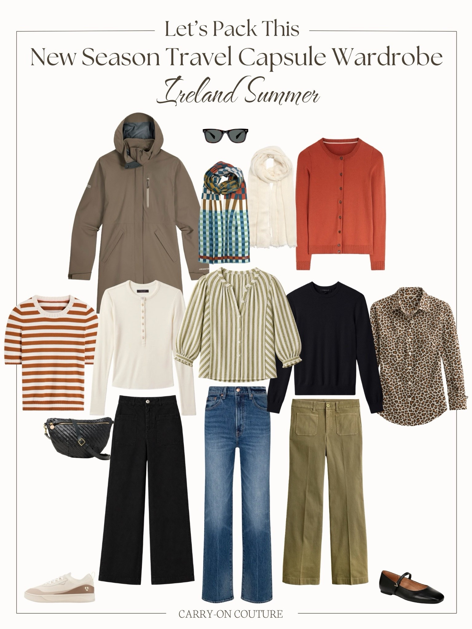 What to Pack for Ireland in the Summer  -  One of the easiest ways to build a seasonal travel capsule? Don’t start over.

For Ireland in the summer, I use the exact same capsule formula I’d use in spring — I simply swap the heavier pieces for lighter, more breathable versions that make more sense for milder weather.

Heavy knits become lightweight layers.
Thicker pants become breathable fabrics.
Cold-weather accessories become lighter styling pieces.

But some things stay the same because Ireland’s summer still tends to be cool, breezy, damp, and changeable:
• A rain layer
• Lightweight merino pieces
• Jeans for cooler days and evenings
• Comfortable walking shoes
• Easy layering pieces

Here’s what I’d pack for Ireland in the summer:
• Waterproof raincoat
• Lightweight cardigan
• 2 midweight long sleeve merino tops
• 1 breathable short sleeve sweater T
• Gauzy blouse
• 2 Lightweight cotton blend pants
• Straight leg jeans
• Supportive flats + comfortable sneakers
• Lightweight scarves
• Crossbody bag

All clothing pieces mix and match into 15 outfits—and it all fits in your carry-on suitcase.

Not headed to Ireland? This capsule also works beautifully for Scotland, coastal England, Copenhagen, Amsterdam, Newfoundland, and Alaska cruises.

⭐️ My travel capsules are created using research, personal travel experience, and my own style preferences. I do my best to account for weather and real-life travel needs, but every trip is different. Use these as a fun starting point, not rigid rules. Take what works, leave what doesn’t, and make it your own.
⸻
Hi! I’m Haley, and I created Carry-On Couture to help you curate functional and beautiful travel capsule wardrobes specifically designed for carry-on travel. Thank you for being here.

#LTKOver40 #LTKTravel