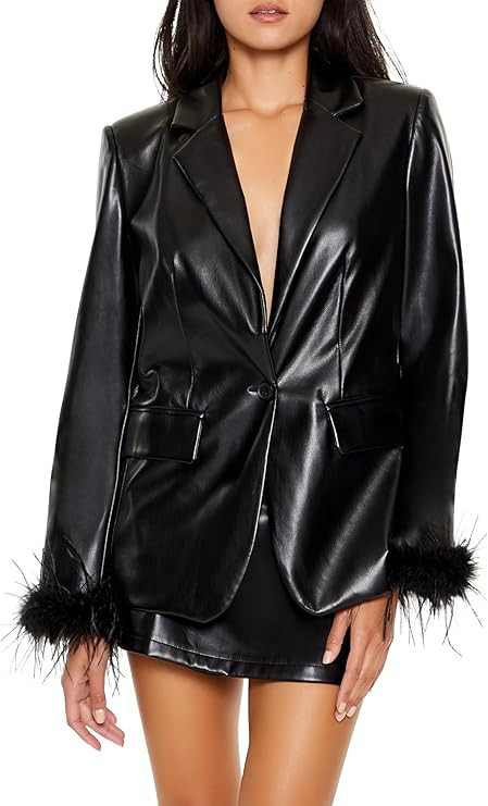 Forever 21 Womens Faux Feather & Leather Blazer | Amazon (US)
