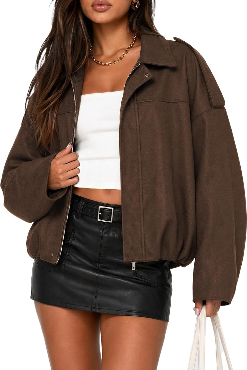 Womens Faux Suede Bomber Jacket Fall Oversized Long Sleeve Coats | Amazon (US)
