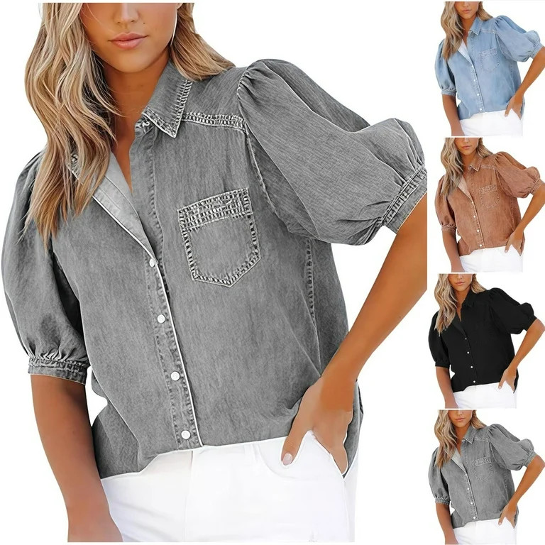 Purcolt Womens Button Down Faux Denim Shirts Casual Puff Sleeve V Neck Jean Shirt Collared Blouse... | Walmart (US)