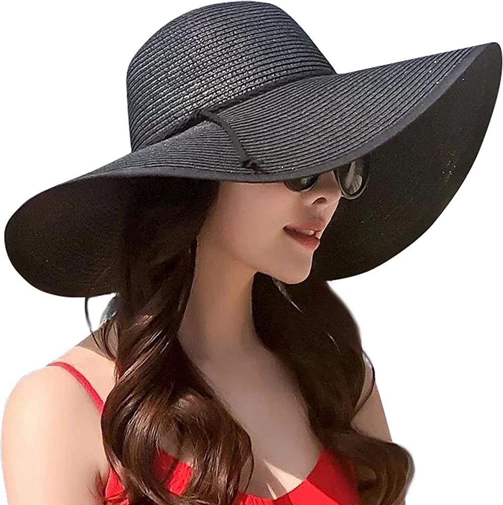 Lanzom Womens Wide Brim Straw Hat Big Floppy Foldable Roll up Cap Beach Sun Hat UPF 50+ | Amazon (US)