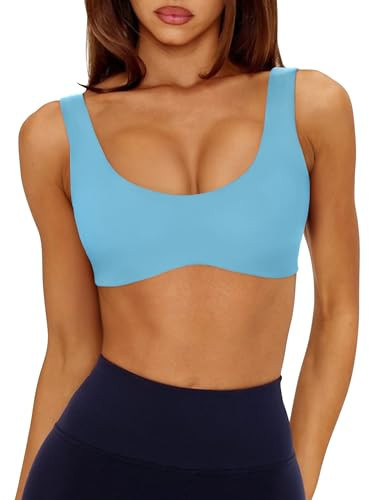 LASLULU U Neck Sports Bras for Women Medium Impact Fitness Workout Bra Padded Bra Sexy Wireless Yoga Bra Summer Outfits(Sparkle Blue Medium) | Amazon (US)