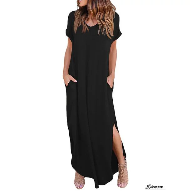 Spencer Women's V Neck Casual Summer Beach Long Dress Short Sleeve Split Loose Maxi Dress with Po... | Walmart (US)