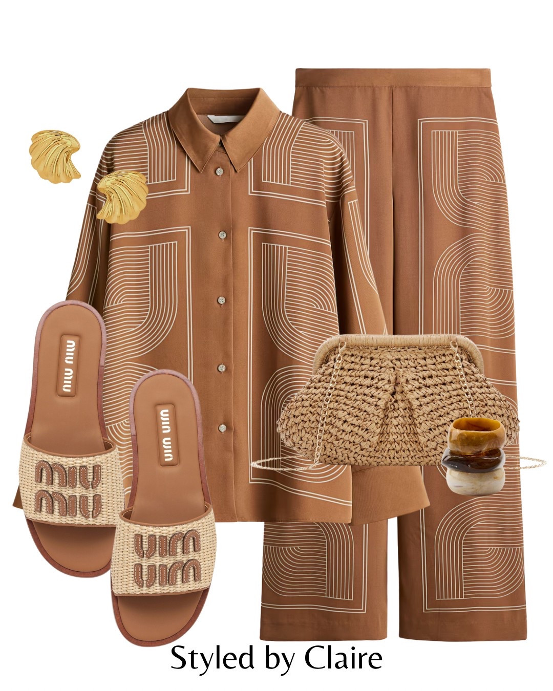 Caramel Co-ord🍯
Tags: new in H&M totems dupe shirt trousers set miu miu sandals raffia clutch bag bracelet resin stack Zara earrings fashion summer inspo outfit ideas date night chic women’s style holiday vacation Dubai Barcelona Ibiza special occasion matching set Amazon 

#LTKstyletip #LTKsummer