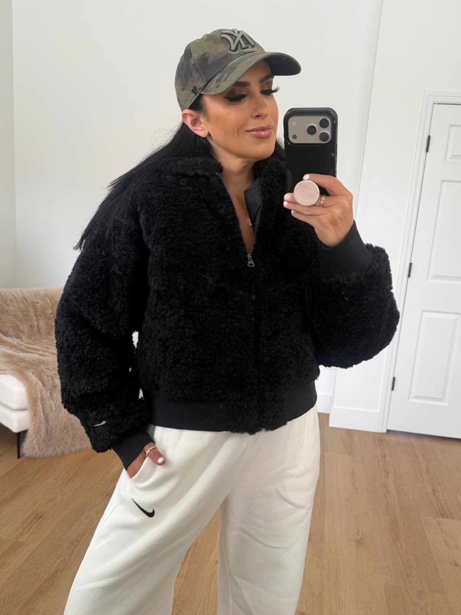 Nike Essential Faux Fur Bomber Jacket wearing size medium
