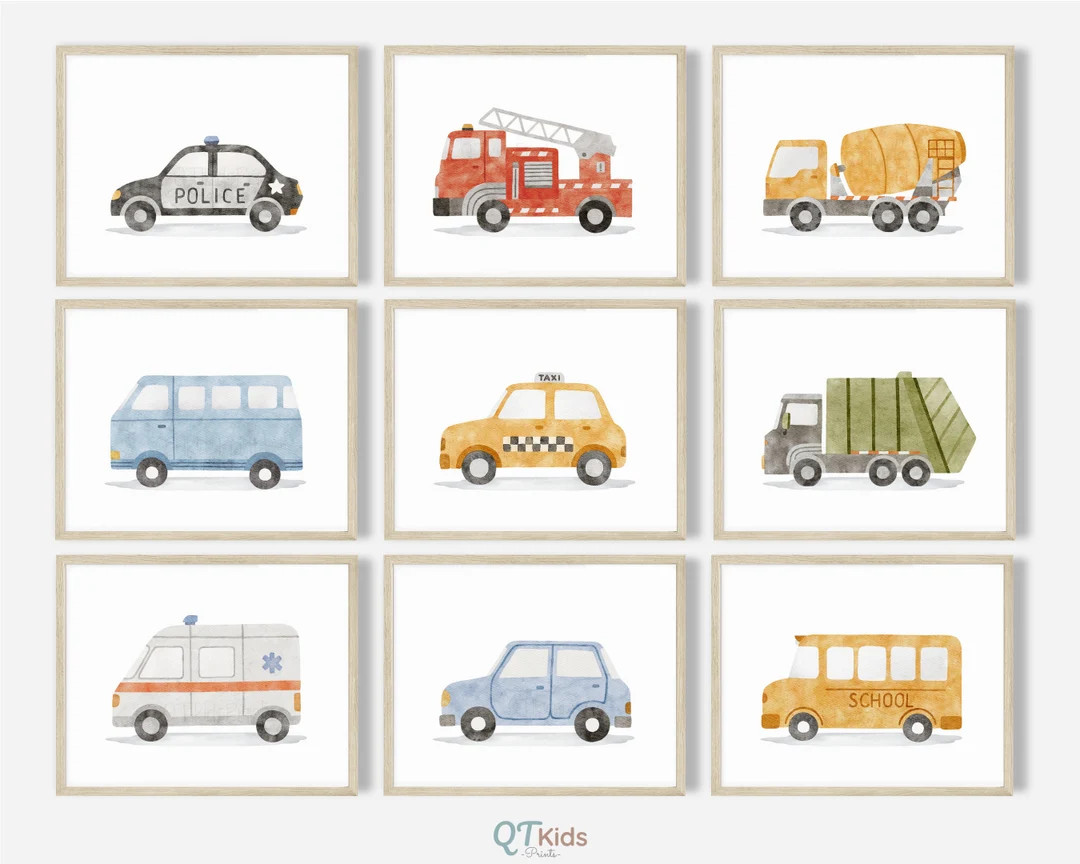 Transport Nursery Prints, Boy Room Wall Art, Boy Nursery Cars Decor, Cars Trucks Bus Vehicles Pla... | Etsy (US)