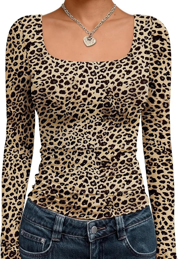 Trendy Queen Womens Long Sleeve Shirts Crop Tops Fall Fashion Solid Square Neck Going Out Basics ... | Amazon (US)
