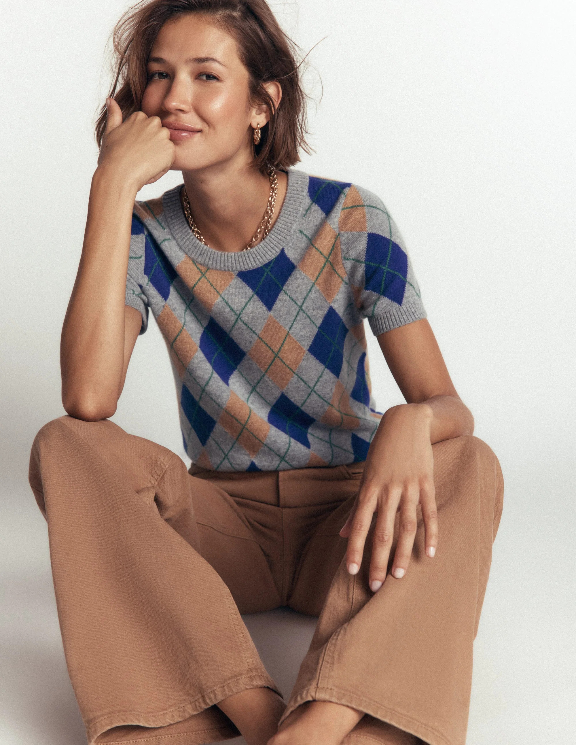Elsie Kaschmir-T-Shirt mit Rundhalsausschnitt-Grau, Argyle | Boden DE