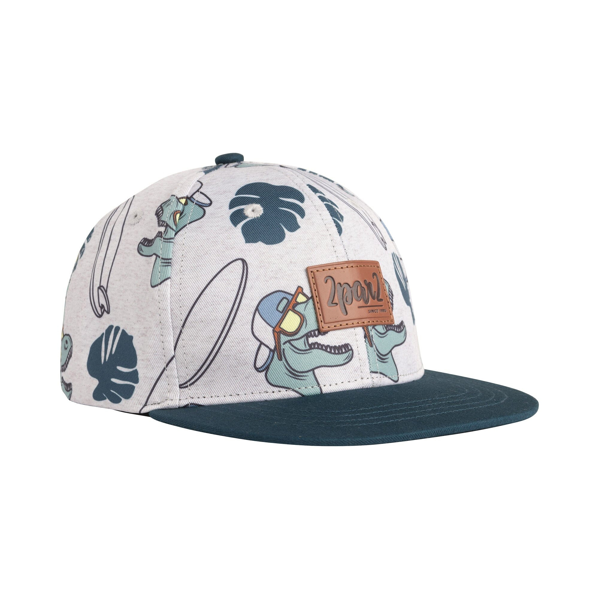 Printed Cap Light Heather Grey & Teal Dinosaurs | Deux par Deux Childrens Designer Clothing