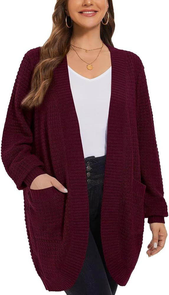 LARACE Long Cardigans for Women Plus Size Tops Open Front Sweaters with Pockets Waffle Ribbed Sle... | Amazon (US)