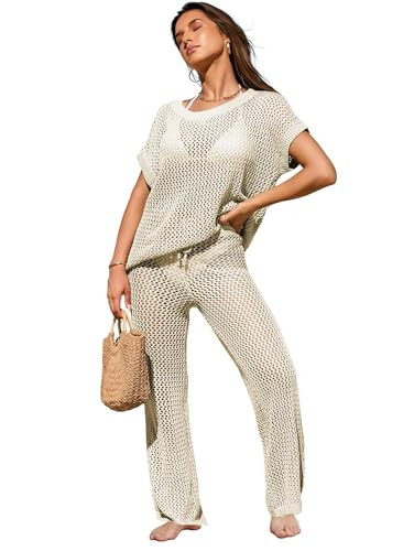 Famulily Womens Crochet Short Sleeve Tops Knit Sexy See Through Cover Up Set Summer Hollow Out Beachwear Suit Beige M | Amazon (US)