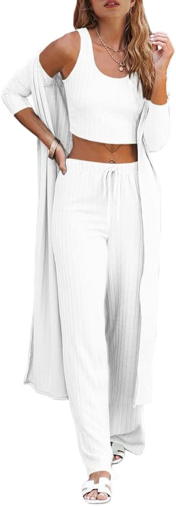 Fessceruna Womens 3 Piece Lounge Sets Pajamas Knit Long Sleeve Cardigan Crop Top Wide Leg Pants L... | Amazon (US)