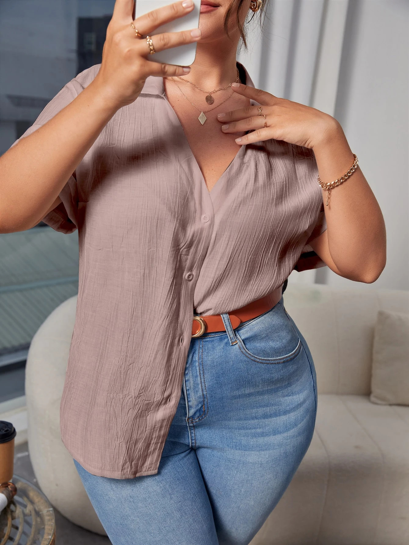 Plus Solid Button Front Blouse | SHEIN