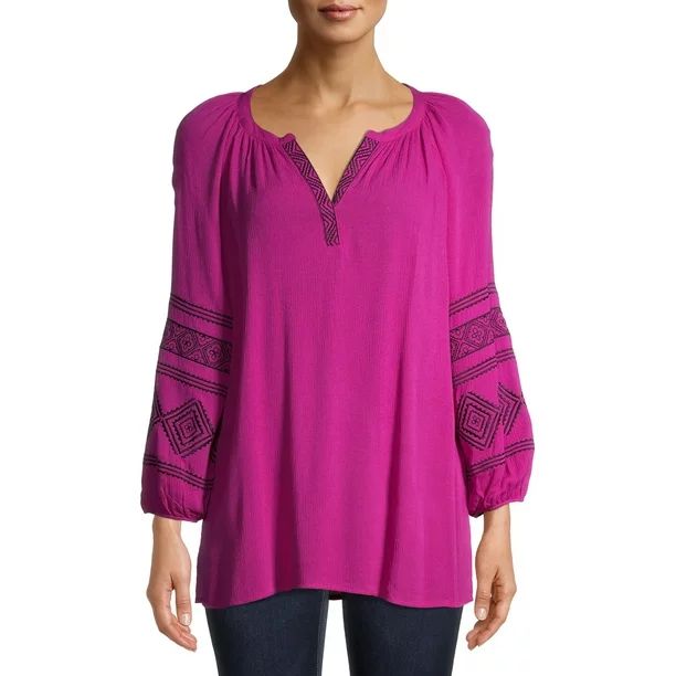The Pioneer Woman Embroidered 3/4 Sleeve Peasant Tunic, Womens | Walmart (US)